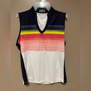Women’s Vneck golf sleeveless shirt. Blue, white, pink, yellow size large.